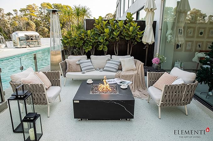 Elementi+ | Sofia Gas Fire Pit | Marble Porcelain & Metal Frame | 40" Square Fire Table | Electronic Ignition | Canvas Cover, Fire Glass & Burner Lid Included | Black | Propane Gas