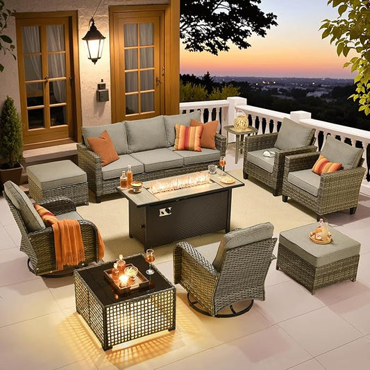 ovios 10 Pieces Patio Furniture Set, Outdoor Wicker Sofa Couch with Rocking Swivel Chairs Solar Lights Table Fire Pit, Modern Deep Seat Rattan Conversation Sets, Dark Grey