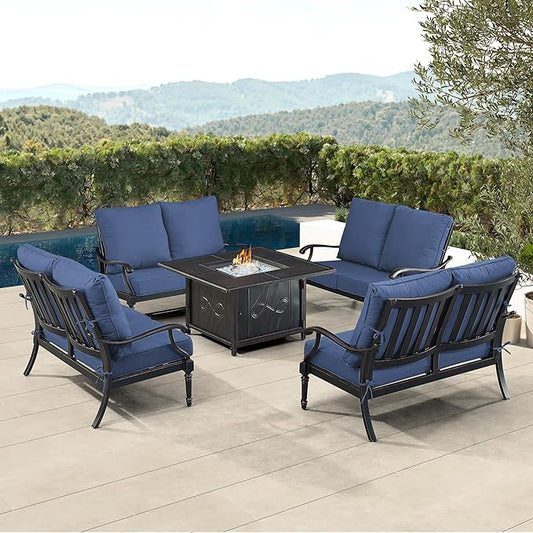 Oakland Living Black Aluminum Patio Fire Table Set with Four Deep Seating Loveseat with Cushions with Blue Cushions
