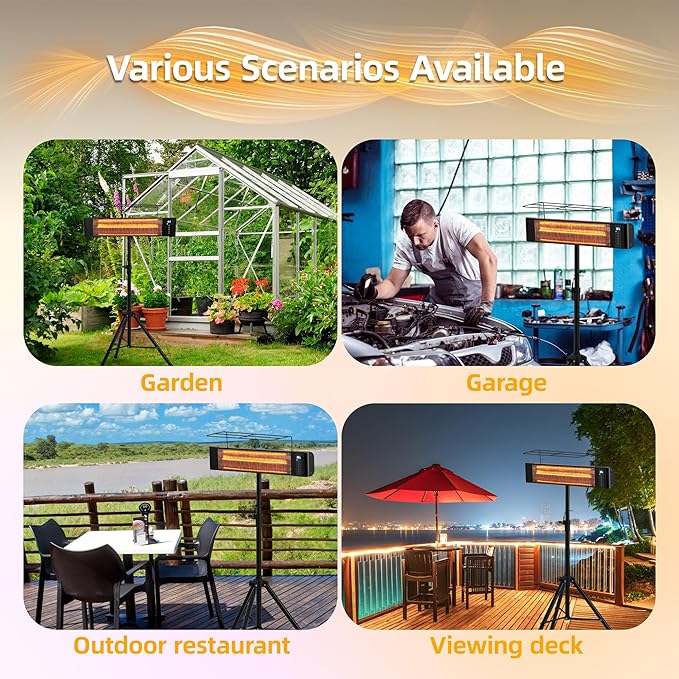 Outdoor Electric Heater For Patio Use RealSmart 1500W Portable Outdoor/Indoor Heaters 3 Heat Modes Wall Mounted Ceiling Tripod Heater Waterproof IP65 TUV Certification for Restaurant Garage Greenhouse