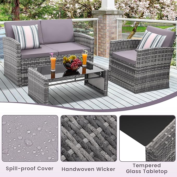 4 Pieces Patio Conversation Set, Outside Rattan Sectional Sofa, Cushioned Furniture Set, Wicker Sofa Ideal for Garden, Porch, Backyard, Grey Color Rattan and Light Grey Cushion