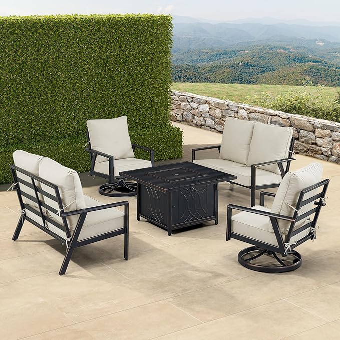 Oakland Living Black Aluminum Patio Fire Table Set with Two Deep Seating Loveseat with Cushions and Two Club Chairs with Light Grey Cushions