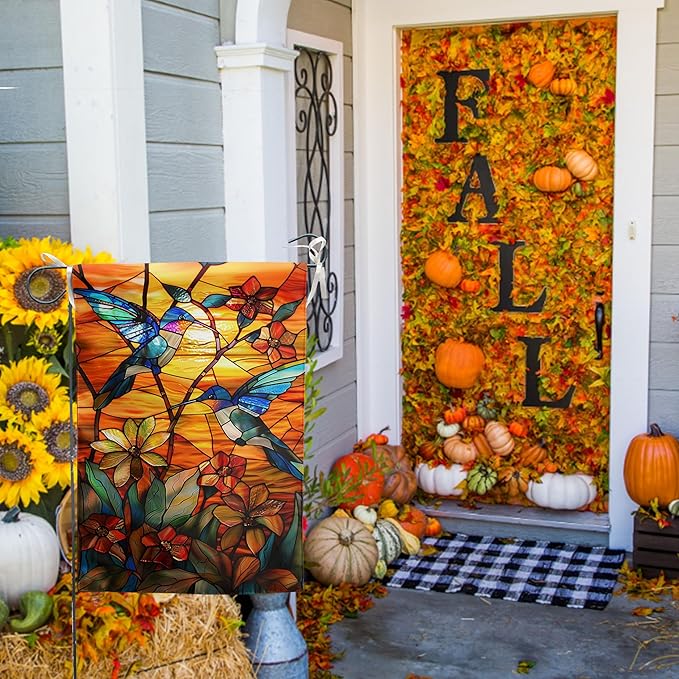 Stained Glass Hummingbird Garden Flag Spring Summer Yard Flag Fall Floral Decorative Flags for Outside 12x18 Double Sided Small Seasonal Lawn Flags Rustic Outdoor Decor