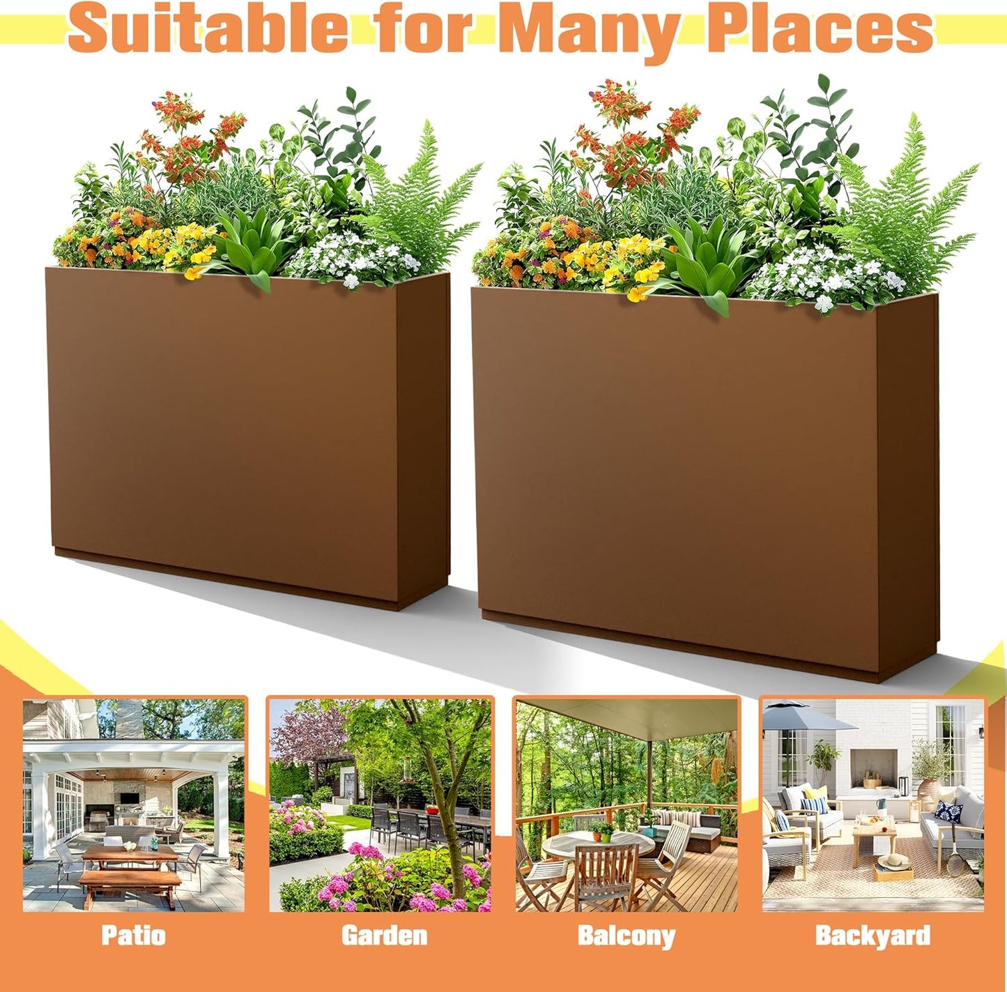 Rectangle Planter for Indoor & Outdoor, Tall and Long Planter Boxes with Drainage Holes, Mental Divider Planter Box All-Weather Use for Plants, Flowers, 35" L x 9" W x 26" H, Brown