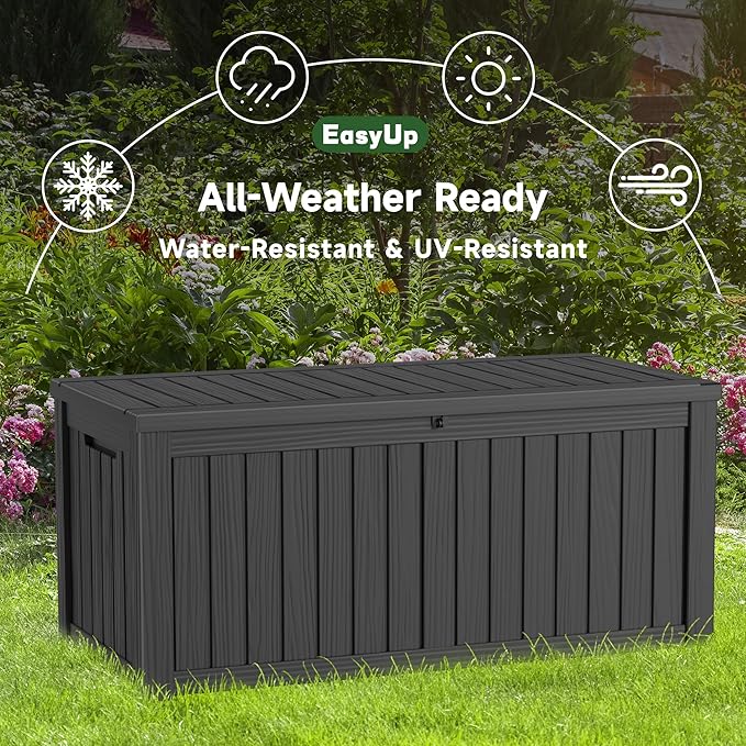 120 Gallon Outdoor Storage Box Waterproof, UV Resistant Resin Deck Box with Hydraulic Rod, Reinforced Stability for Patio, Garden, and Pool, Striped Black