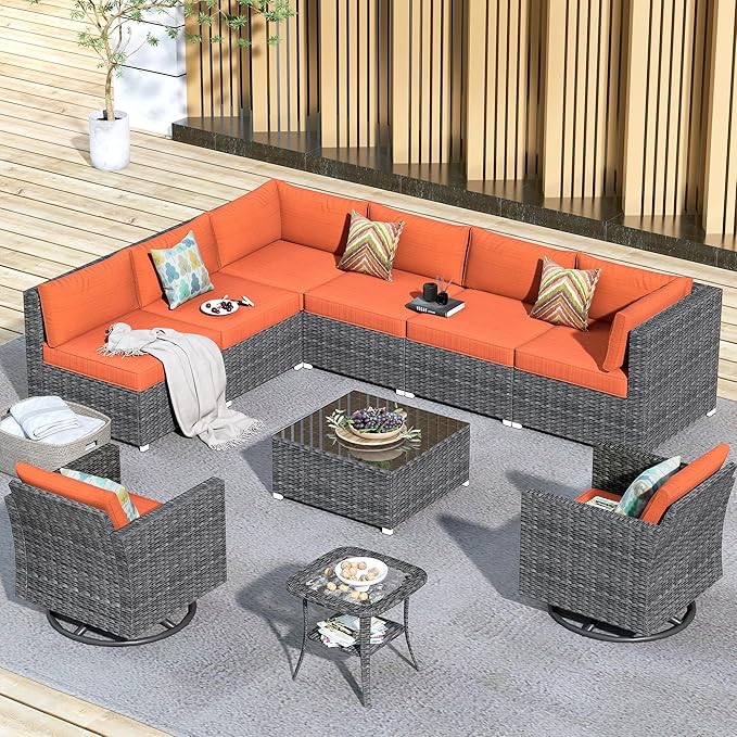 HOOOWOOO 10 Piece Patio Sectional Furniture Set with Swivel Rocking Chairs,Modern Wicker Outdoor Conversation Sofa Sets,Weather Resistant Modular L Shaped Outside Couch Set(Orange Red)