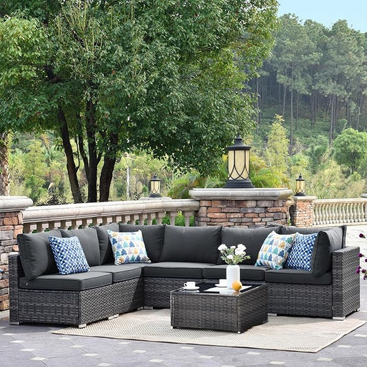HOOOWOOO 7 Piece Patio Sectional Furniture Set,Modern Wicker Outdoor Conversation Sofa Sets,Weather Resistant Modular L Shaped Outside Couch Table Set(Black)