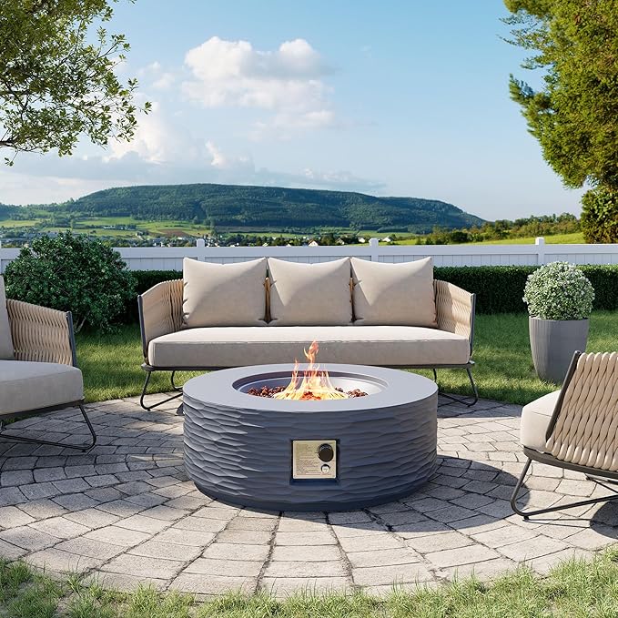 Cosiest Propane Fire Pit for Outside, 35 in Round Gas Fire Pits for Outdoor Patio, CSA Certified, 50000 BTU Concrete Rectangle Base with Rain Cover, Free Lava Rocks