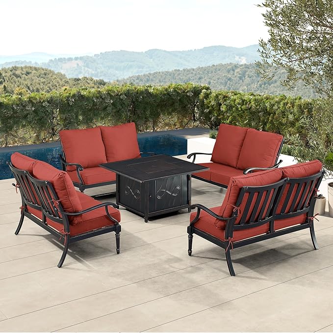 Oakland Living Black Aluminum Patio Fire Table Set with Four Deep Seating Loveseat with Cushions with Red Cushions