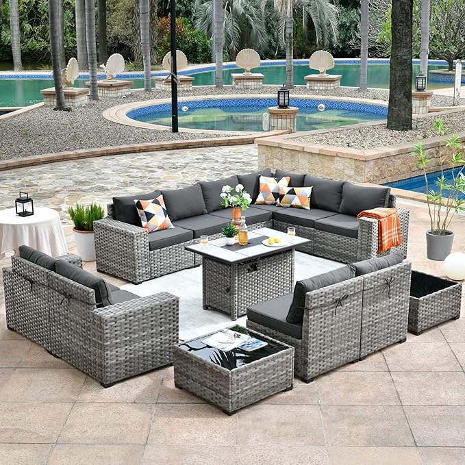 HOOOWOOO 13 Piece Modular Patio Outdoor Sectional Furniture Set with Gas Propane Fire Pit Table,Wicker Conversation Sofa Set,Out Door Couch Set with Wide Arm Outside(Black)