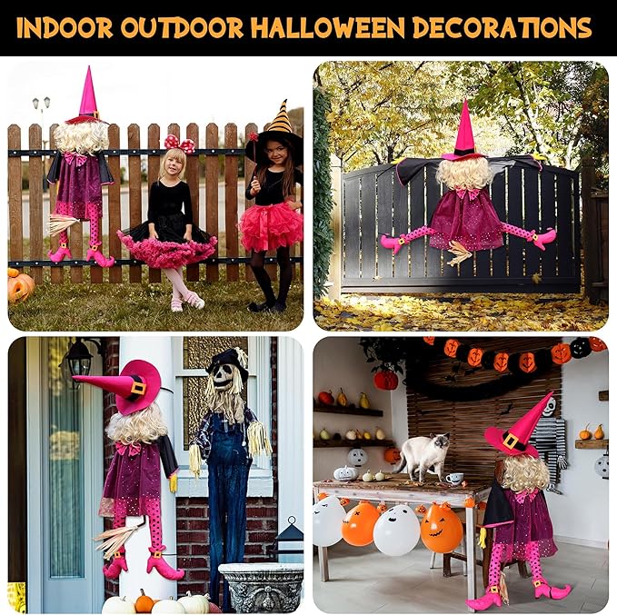 53" Crashing Witch Halloween Decoration - Funny Pink Witch Tree Prop for Yard, Porch, Door, Fence, Patio, Lawn, Garden - Indoor & Outdoor Hanging Halloween Decor