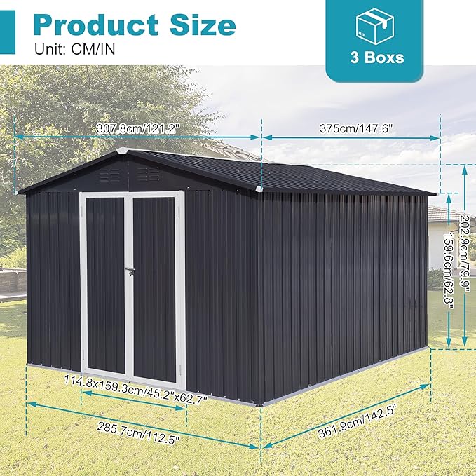 Sheds & Outdoor Storage 12 ft × 10 ft Storage Shed Large Classic Apex Roof Metal Garden Storage Sheds with Hinged Door Tool Cabinet for Backyard, Patio, Poolside, Dark Gray