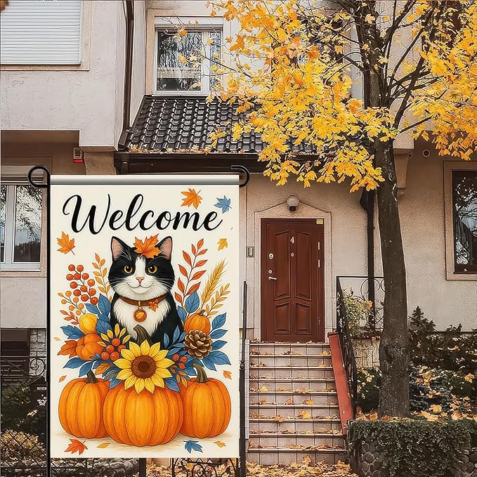Thanksgiving Fall Garden Flag 12x18 Inch Welcome Cat with Pumpkins Outdoor Flag Double Sided Autumn Kitten Yard Banner with Sunflower Floral Decor for Porch Lawn Patio