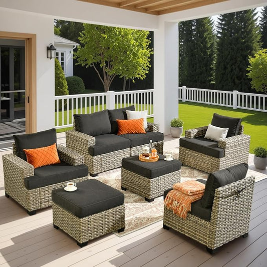 HOOOWOOO Outdoor Sectional Patio Furniture Set,7 Pieces Wicker Conversation Sets,Extra Deep Out Door Sofa Outside Furniture Couch with Ottoman,Black