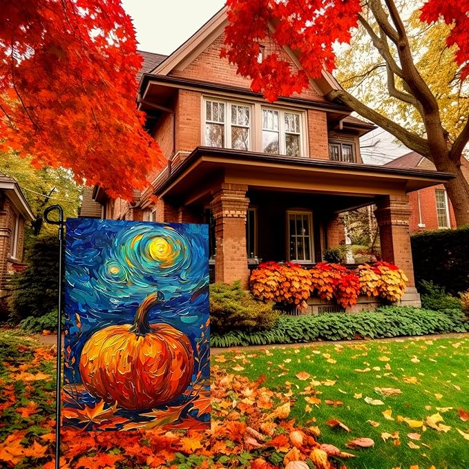 Fall Garden Flag Pumpkin Maple Leaf Yard Flags Van Gogh Garden Flags Art Starry Night Sky Moon Garden Flags Autumn Harvest Thanksgiving House Banner for Patio Farmhouse Outdoor 12 x 18 Inch