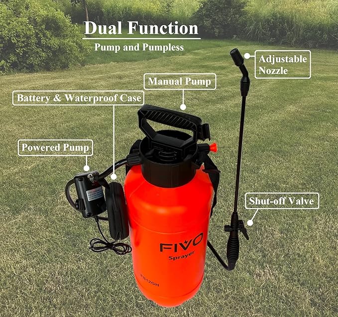 Battery Powered and Manual Sprayer (Dual Function) for Lawn, Garden and Agriculture with Rechargeable Lithium Ion Power Bank (5000 mAh) and Shoulder Strap (2 Gallon)