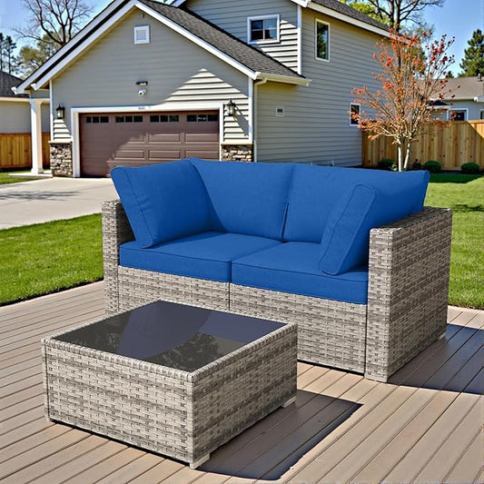 HOOOWOOO Patio Sectional Furniture Set,3 Piece Couch Set with 2 Matching Corner Chairs and 1 Table(Navy Blue)