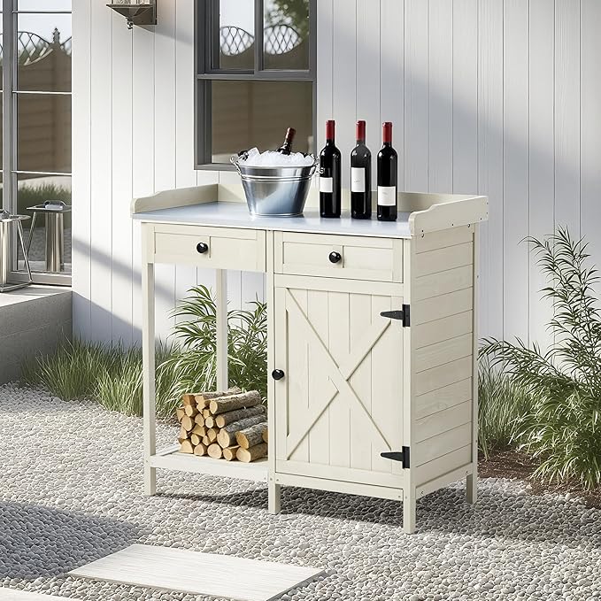 Outdoor Potting Bench with Storage Cabinet & Metal Tabletop, Garden Work Table, Wood Planting Workstation for Patio, w/Drawer