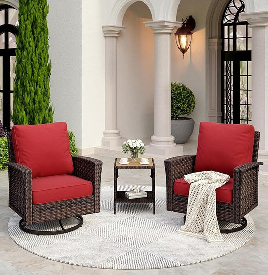 3 Piece Patio Furniture Set, Rattan Wicker Swivel Chairs Set of 2 with Side Table, 35" High Back Outdoor Conversation Set with Thick Cushions for Bistro Porch Poolside, Red