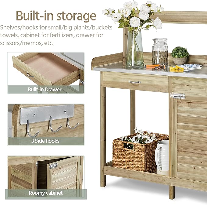 Yaheetech Outdoor Potting Bench Table, Garden Work Bench w/Metal Tabletop Work Station w/Cabinet Drawer, Open Top&Lower Shelf, Handy Hooks, ACQ Lumber Wood, Light Green