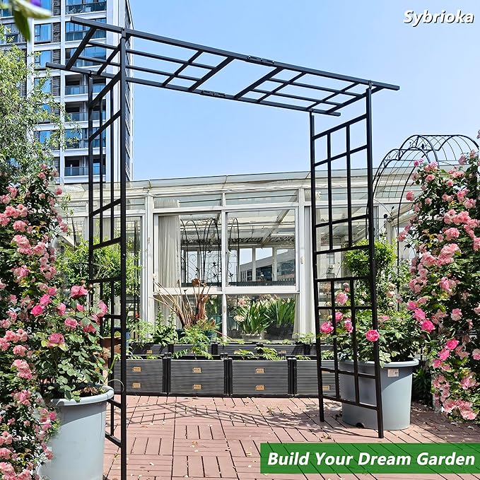 Metal Garden Arch Arbor Trellis Climbing Plants Outdoor Black Flat Top or Arch, Adjustable Width W42.52''~W78.15'', for Lawn Wedding Party Archway