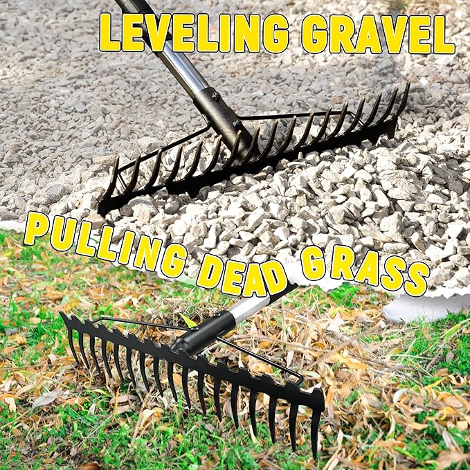 Bow Rake, 68-Inch Adjustable Handle Garden Rake with 17 Steel Tines, Heavy Duty Dual-Sided Metal Rake Landscape Gardening Tool for Soil Loosening Lawn Yard Leaves Mulch Thatch Removing