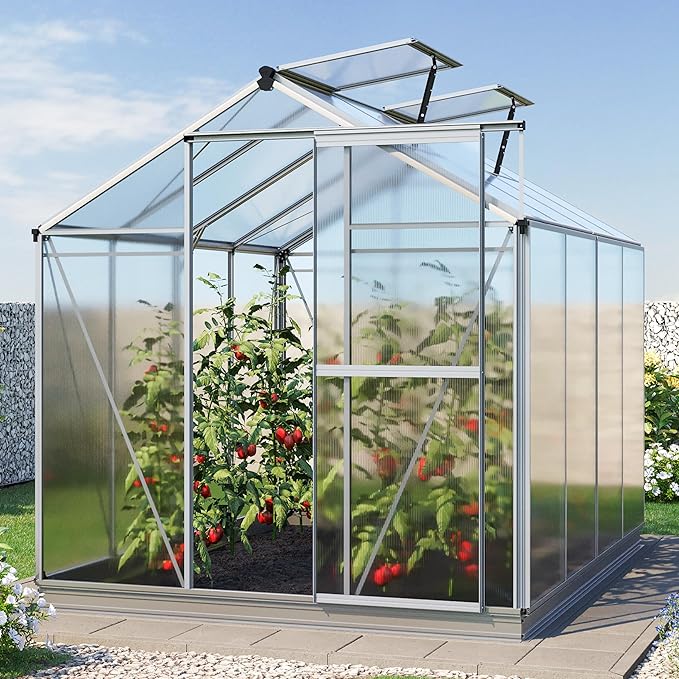 Greenhouse Jasmin 4 Aluminum Frame - 6.3 x 8.4 ft Approx. 6 mm Polycarbonate Panels - Bonus Base Frame and Automatic Vent Opener