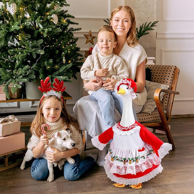 2 Pcs/Set Christmas Mrs. Claus Porch Goose Outfits, Lawn Goose Statue Mrs. Claus Costume, Red Green White Christmas Garden Goose Clothes Dress and Hat for 23" High Statue Xmas Holiday Patio Yard Decor