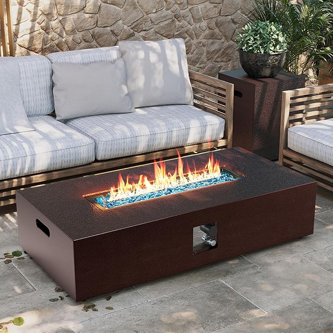 UPHA 56-inch Outdoor Propane Gas Fire Pit Table 50000 BTU Iron Rectangle Firepit for Outside Patio with Tank Hidden Table, Removable Lid, Blue Glass Rocks, Rain Cover, Brown