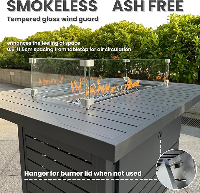 Rectangle Propane Fire Pit Table: 43'' Patio Gas Fire Table 50000 BTU - Rustproof Aluminum Tabletop Firepit Wind Guard Glass Beads - Outdoor Heating for Dining Party Garden Deck - Dark Gray