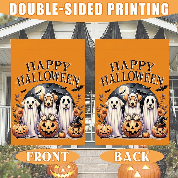Happy Halloween Garden Flag for Outside, 12x18 Inch Double Sided Halloween Dog Pumpkin Ghost Bats Yard Flag, Farmhouse Small Yard Flags for Outdoor Decorations, Holiday Decor Gifts-A05