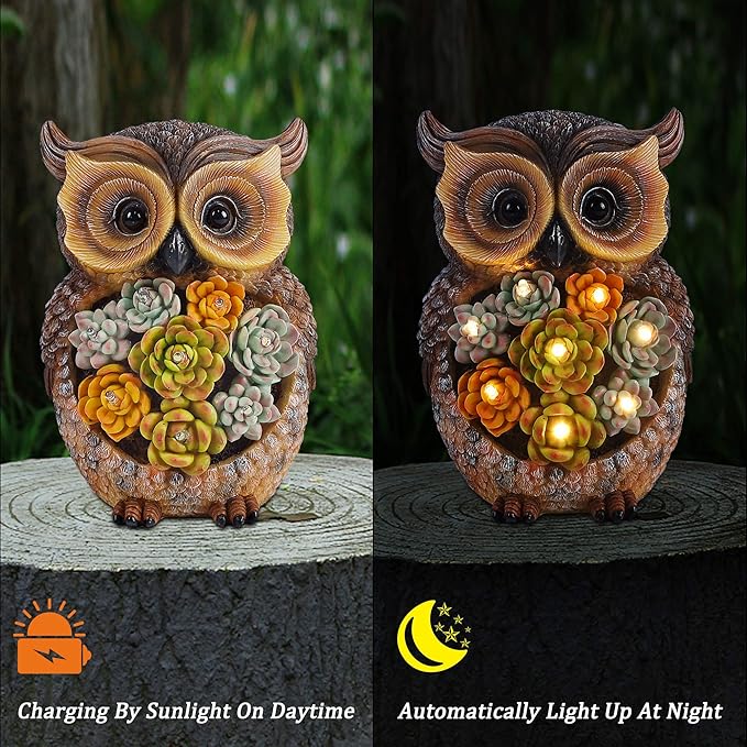 FORUP Owl Garden Statue, Resin Owl Figurine Garden Lawn Ornaments with Solar LED Lights for Outdoor Yard Garden Decorations