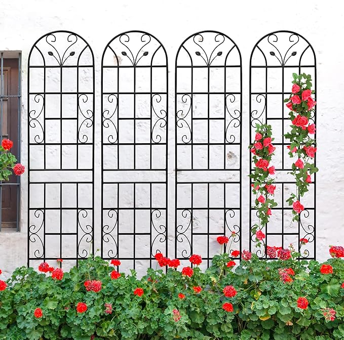 4 Pack Metal Garden Trellis 86.7" Tall Outdoor Climbing Plant Support for Roses, Flowers, Rustproof Durable Black Galvanized Tube, Lawn Garden Fence Decor Screen (4, Black curves-86.7" H)