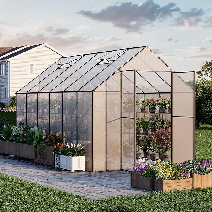 Kingdura 8x12ft Walk-in Greenhouse for Outdoors, Large Polycarbonate Greenhouses with Heavy Duty Aluminum Frame, Adjustable Roof Vent, Lockable Door, UV Protection for Outside Garden Backyard