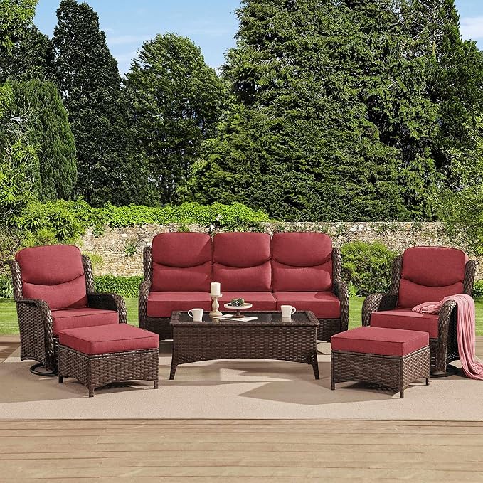 HILLGA Luxury High Back Patio Furniture Set with 6-Inch Thick Cushion, 6-Piece Outdoor Conversation Set with Sofa, Swivel Rocker Chairs & Ottomans, Ideal for Porch Pool Deck Yard (Burgundy)