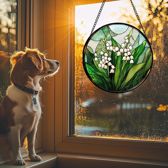 Stained Glass Window Hanging - White Green Lily of The Valley Suncatcher for Doors Garden Terrace Plant Sun Catchers Decor Mother's Day Birthday Flowers Gifts for Women Men Mom 15 in