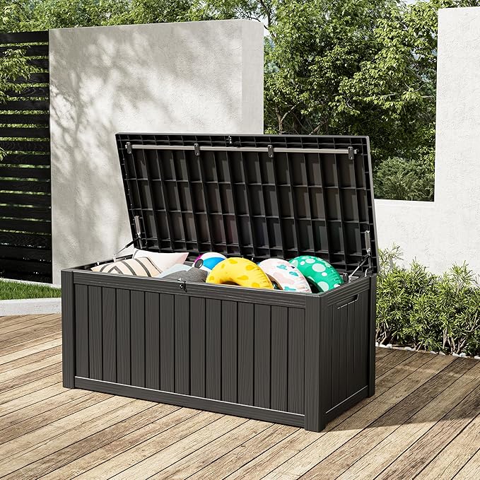 120 Gallon Deck Box,Waterproof Resin Outdoor Storage Box Lockable for Patio Furniture Cushions, Garden Tools, Heavy-Duty Double-Wall Structure with Gas Lift and Reinforced Seat Lid, Black