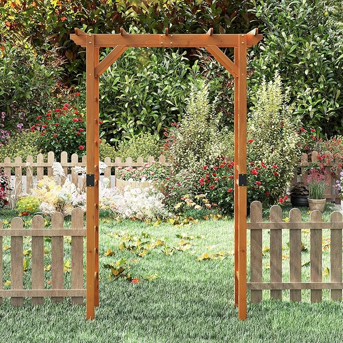Giantex 7FT Wood Garden Arbor Trellis, Wooden Wedding Arch for Ceremony Party, Outdoor Archway Pergola for Climbing Plants, Pathway, Yard, Garden Decor, Easy Assembly (Honey Brown, 55''W x 85''H)