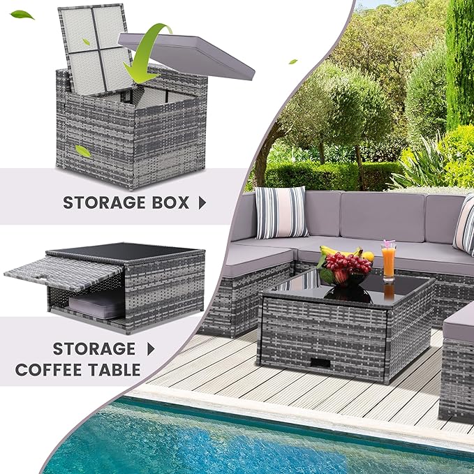 8 Pieces Outdoor Wicker Rattan Patio Furniture Sectional Set, Glass Top Table with Hidden Storage, 7 Sofa Sections, Oversized Cushions, Grey Color Rattan with Light Grey Cushion