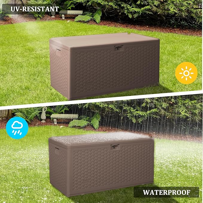 73GAL Brown Blow - Molded Outdoor Deck Box with Lock Hole - Waterproof, SGS - Protected from UV, Spacious for Garden Equipment and Pool Toys Storage, Easy to Assemble