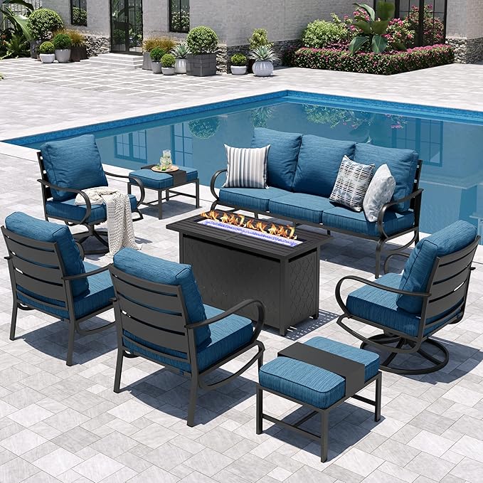 Sophia & William Patio Furniture Sets for 9 with 45" Gas Fire Pit Table Outdoor Conversation Sets, 2xSofa Chairs, 2xSwivel Cushion Chairs, 1x3-Seat Sofa, 2xOttomans for Porch Poolside Peacock Blue
