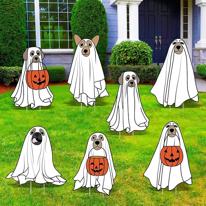 Nuanchu 7 Pcs Halloween Yard Outdoor Decorations Ghost Dog Yard Signs Corrugated Plastic Ghost Dog Pumpkin Lawn Sign with Stakes Waterproof Halloween Garden Stakes for Outside Scary Spooky Decor