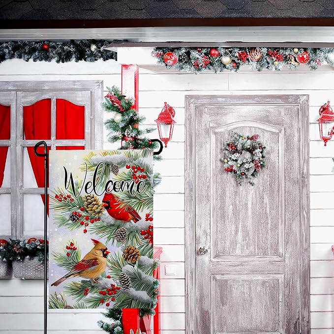 Welcome Winter Garden Flag Christma Cardinal Birds Yard Flag Red Bird Berry Trees Pine Snow Vertical House Banner Pinecone Garden Flags for Xmas Rustic Farmhouse 12x18 Inch