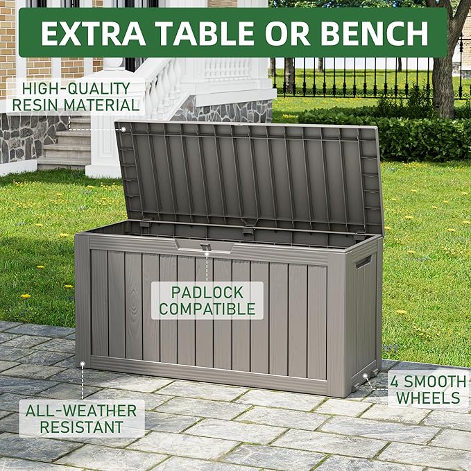 NUNU LAB 76 Gallon Deck Box, Large Resin Outdoor Storage Box, Waterproof Patio Storage Container with Double Wall Panels for Cushions, Garden Tools, Pool Toys, and Packages,Grey