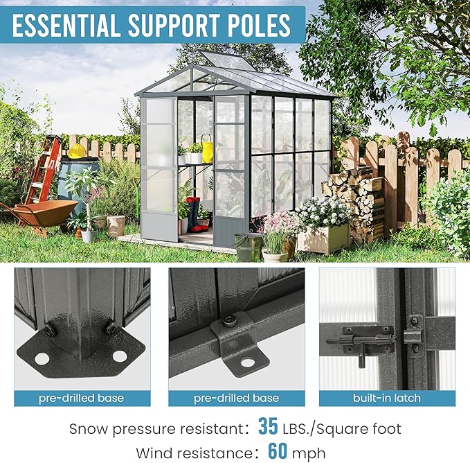 Domi 6.5x8FT Polycarbonate Greenhouse with Automatic Vent, Extra Tall 7.8FT Walk-in Aluminum Frame, Weather-Resistant Green House with Shelves & Hooks for Outdoor Garden, Backyard, Dark Grey