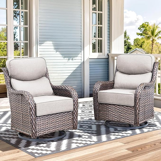 Luxury High Back Outdoor Swivel Rocker Patio Chairs with Side Table & 6-Inch Thick Cushions, 2 Pieces Patio Furniture Set for Porch, Balcony, Deck and Yard