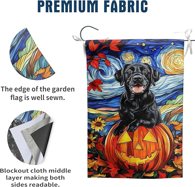 Stained Glass Black Lab Fall Garden Flag Halloween Pumpkin Yard Signs Autumn Sunflower Thanksgiving Banner for Outside 12x18 Double Sided Small Labrador Dog Outdoor Decorative