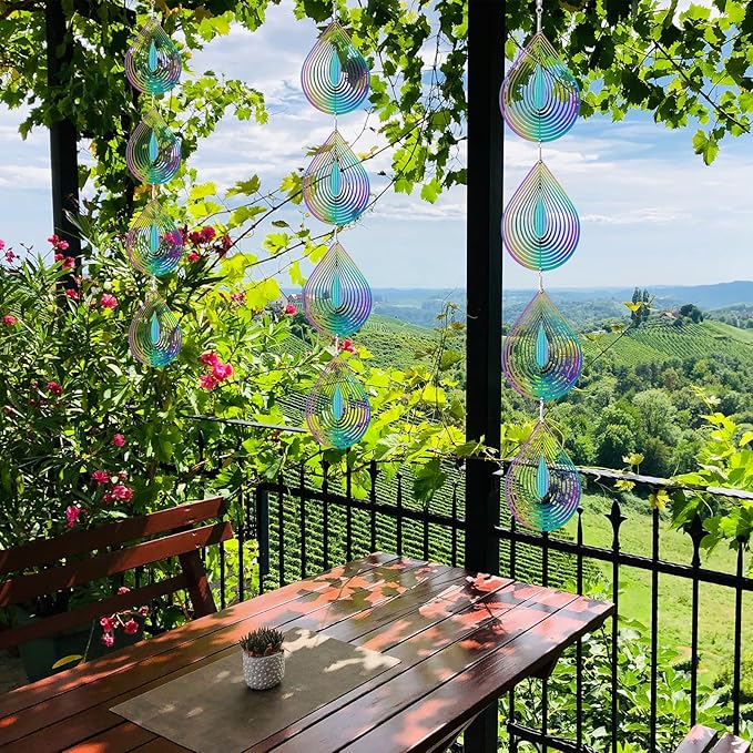 Rainbow Metal Wind Spinners Outdoor Garden Yard Decor, Bird Scare Discs Reflectors to Keep Birds Away, Holographic Reflective Bird Devices Deterrents for Outside Patio Fruit Trees (Water Droplet)