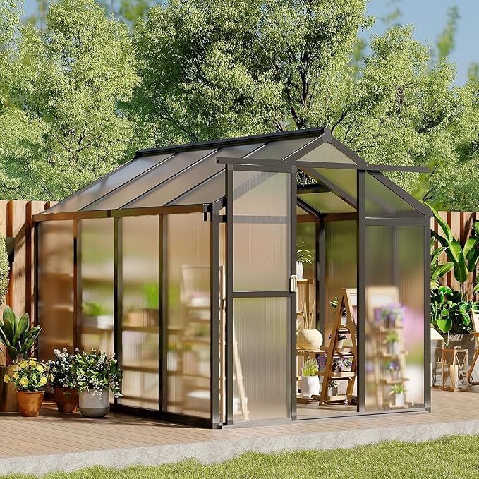 Greenhouse, 6x8 Ft Outdoor Greenhouses with Roof Vents and Sliding Doors, Aluminum Frame Polycarbonate Accessible Greenhouses, Suitable for Outdoor Gardens and Backyards, Black