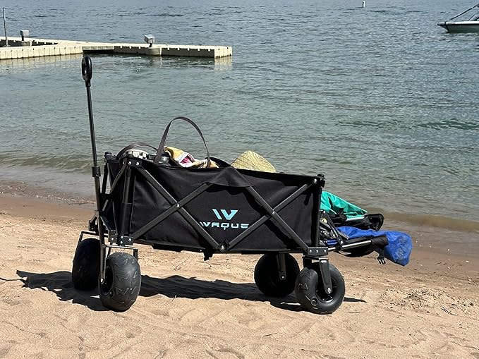 Folding Utility Wagon Cart, Tires for Sand Heavy, Duty Beach Garden Cart with Sand Wheels, Black